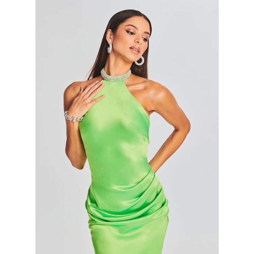 Retrofête Maria Halter Gown Lime Punch Neon Green Rhinestone Neck Maxi NWT - Picture 4 of 16